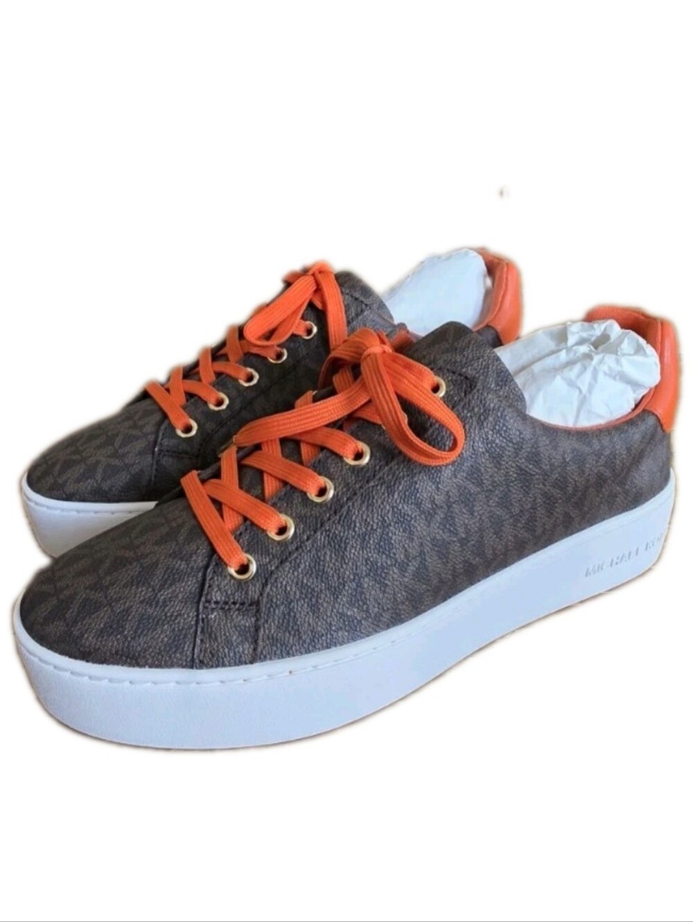 Michael Kors Poppy Lace Up Mini Mk Logo PVC Sneakers Tangerine 8.5 NEW!